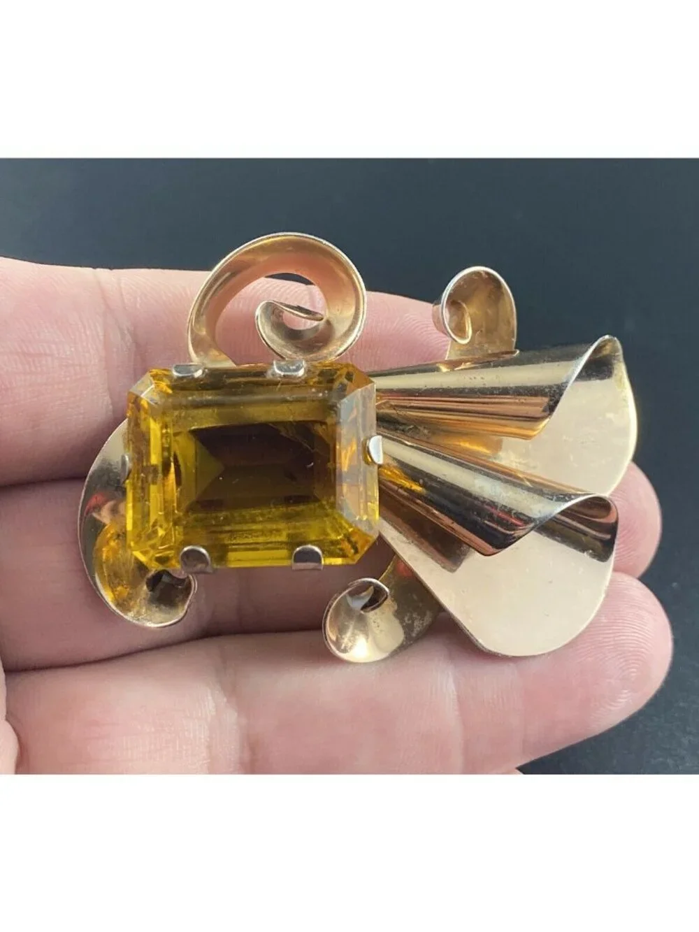 Vintage Sterling Silver Faceted Citrine Glass Brooch Modernist Pronged Pin